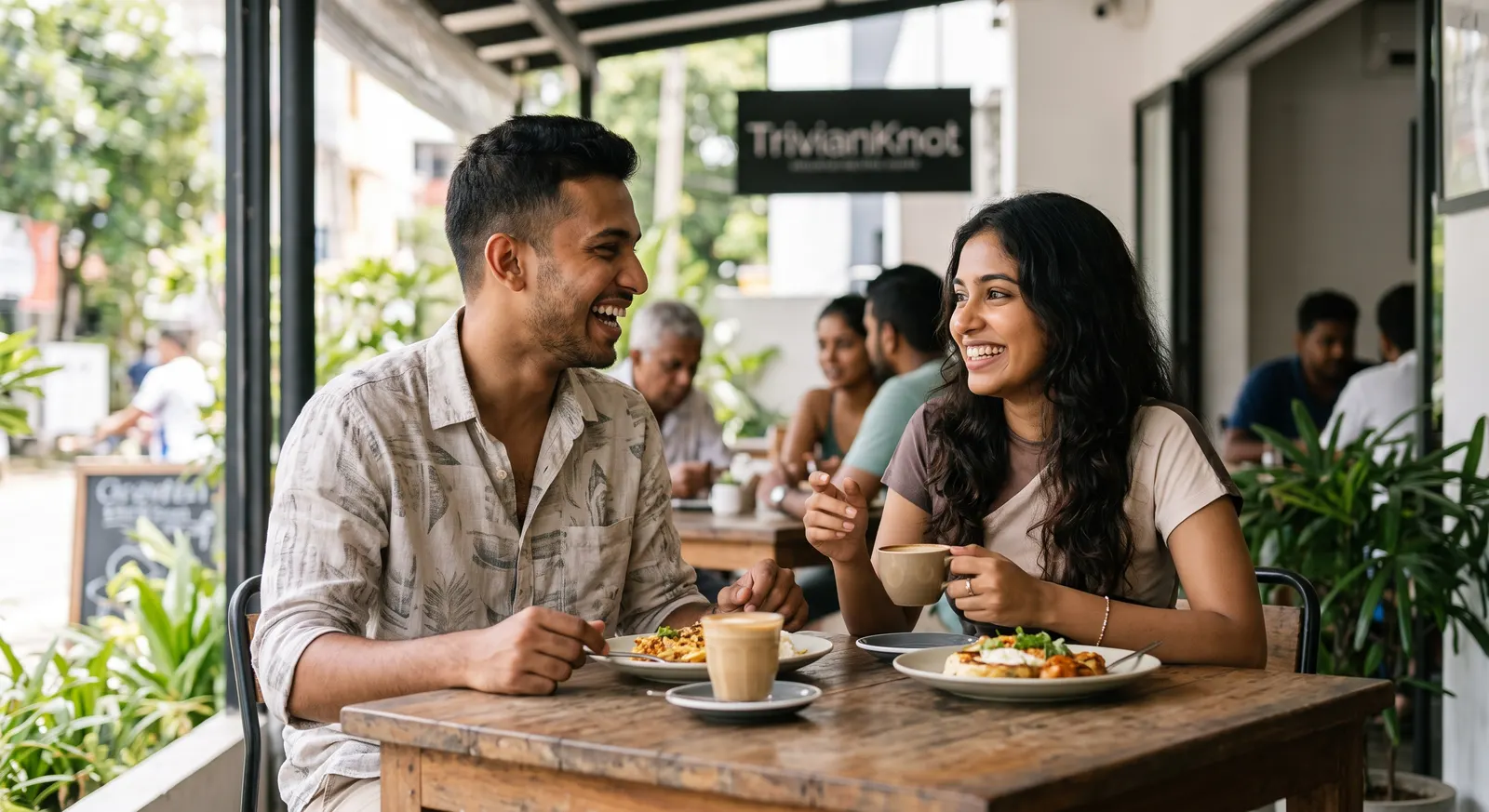 A young Sri Lankan couple laughing together over breakfast and coffee at an outdoor café