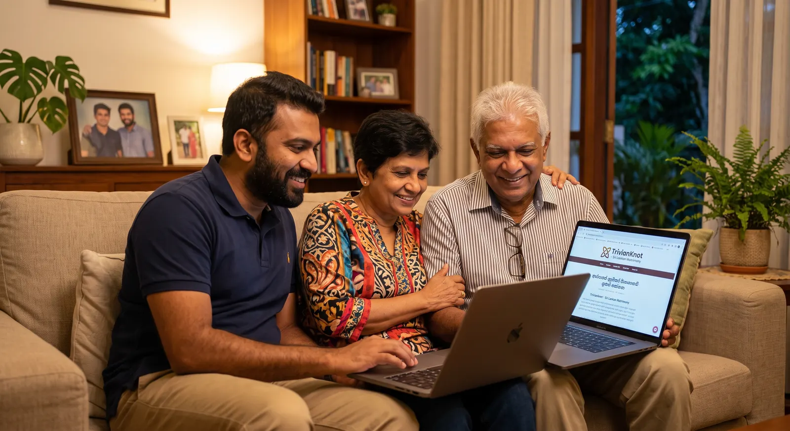 A Sri Lankan son and his parents smiling on the sofa at home, looking at marriage proposals together on their laptops