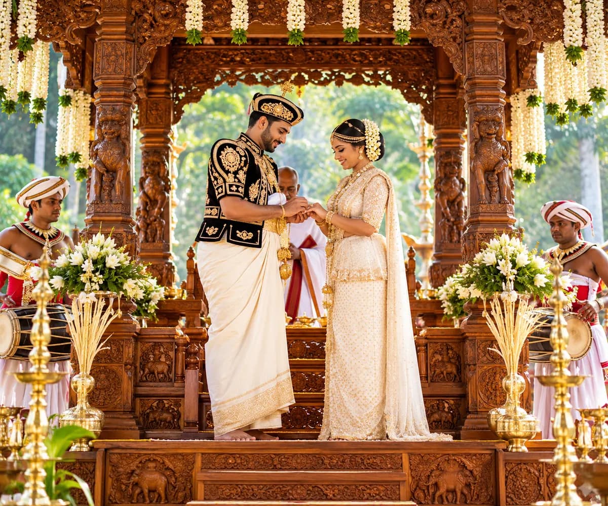 A Sinhala Buddhist couple in Kandyan wedding dress exchanging rings on the poruwa, with drummers behind them
