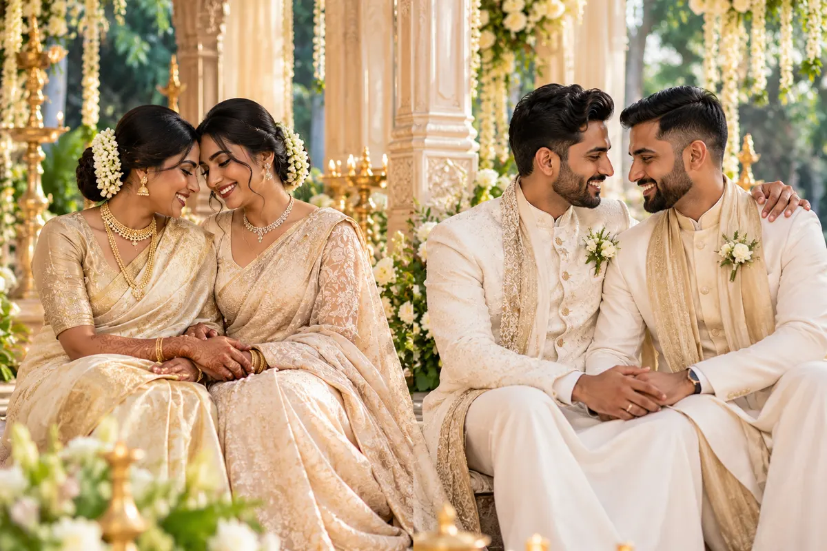 Two Sri Lankan couples on their wedding day — two brides in silk sarees and two grooms in white — smiling together