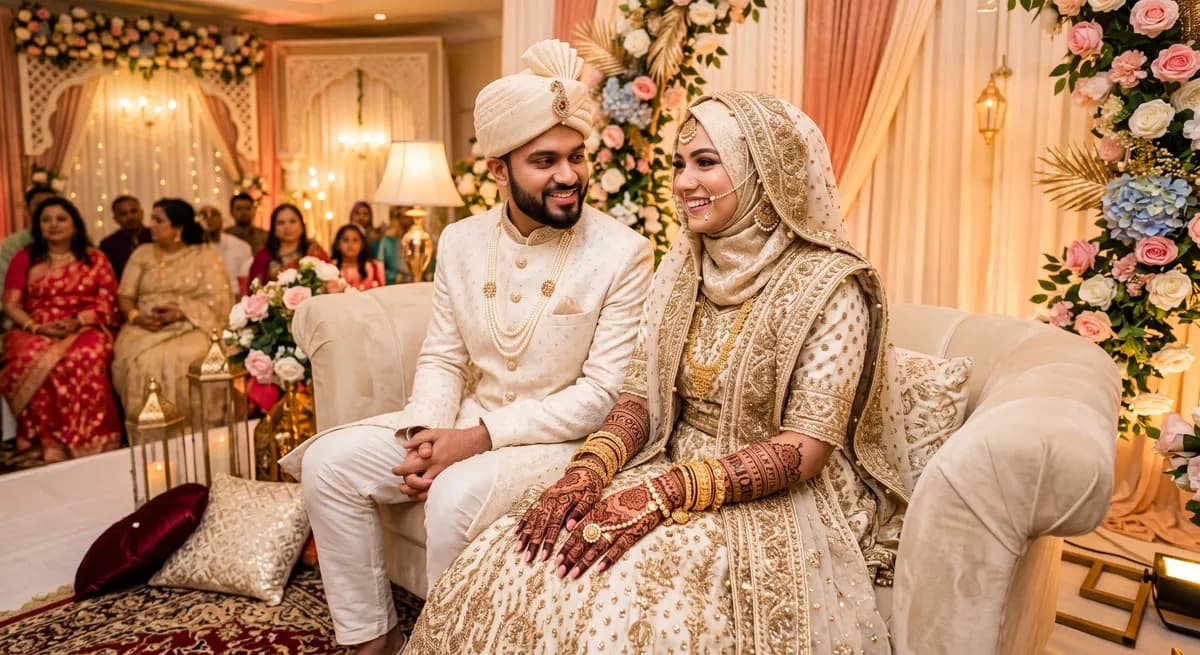 A Sri Lankan Muslim couple smiling together at their nikah, the bride in a jewelled hijab